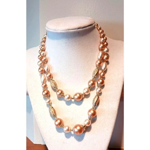 VTG Peach Pink Faux Pearl Silk Wrapped Bead Double Strand Choker Necklace Japan - Picture 1 of 6